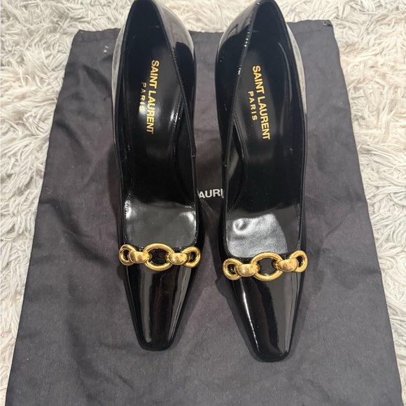 Saint Laurent Shoes - Saint Laurent Black Heels with Gold Chain Detail